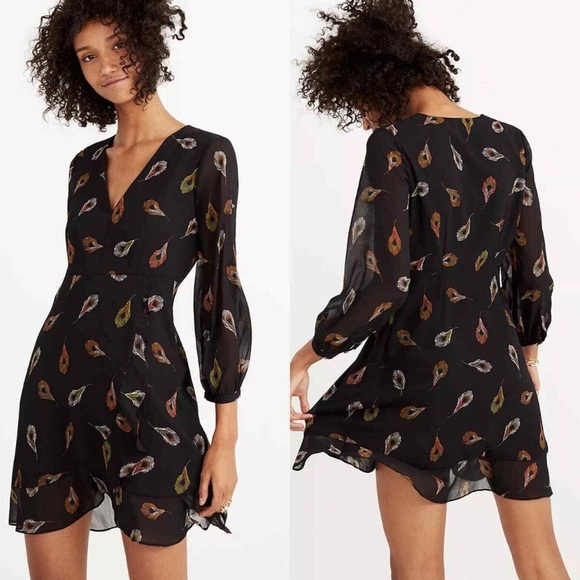 Madewell Long Sleeve Poppy Dress Peacock Feathers Mini V Neck 3/4 Sleeves Sz 6 - Picture 1 of 15